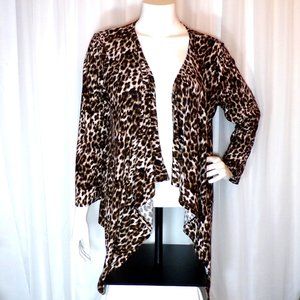 CASA LEE Leopard Print Slinky Waterfall Open Front Sweater Womens XL High Low